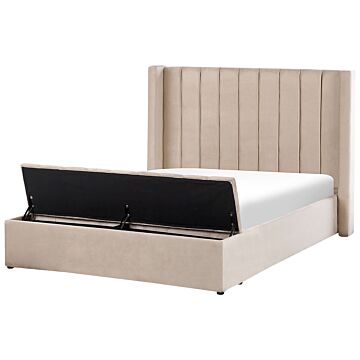 Eu Double Size Panel Bed Beige Velvet 4ft6 Slatted Base High Headrest With Storage Bench Beliani