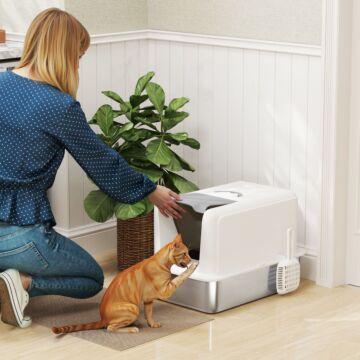 Pawhut Stainless Steel Cat Litter Box With Removable Lid, Scoop, Filter Bags, For Larger Cats, White