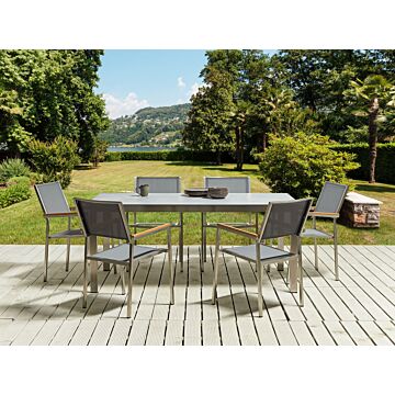 Garden Dining Set Grey Tabletop Glass Stainless Steel Frame Grey Set Of 6 Chairs Textilene Modern Outdoor Style Beliani