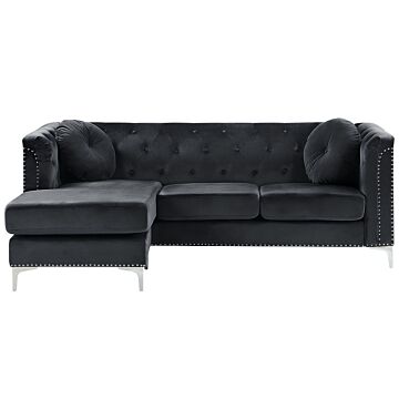 Corner Sofa Black Velvet Upholstered 3 Seater Right Hand L-shaped Glamour Additional Pillows With Tufting And Nailhead Trims Beliani