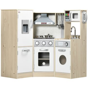 Homcom Toy Kitchen For Kids With Role Play Accessories, Wooden Corner Pretend Kitchen With Sound And Light, Phone, Microwave, Refrigerator, Ice Maker