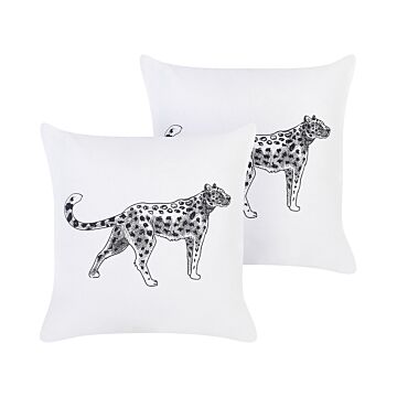 Set Of 2 White Decorative Pillows Cotton 45 X 45 Cm Animal Pattern Modern Traditional Living Room Bedroom Cushions Beliani