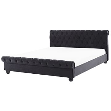 Bed Frame Black Velvet Upholstery Black Wooden Legs Super King Size 6ft Buttoned Glam Beliani