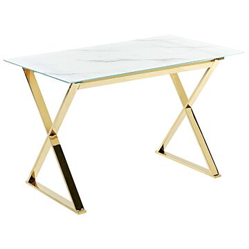Dining Table Marble Effect And Gold Tempered Glass And Metal Legs Glossy Finish 120 X 70 Cm Rectangular Glam Beliani