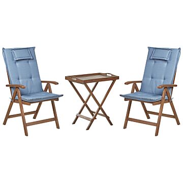Garden Bistro Set Dark Solid Acacia Wood With Blue Cushions Table 2 Chairs Adjustable Backrest Folding Rustic Style Balcony Furniture Beliani