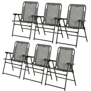 Outsunny Set Of 6 Patio Folding Chair Set, Garden Portable Chairs W/ Armrest, Breathable Mesh Fabric Seat, Backrest, For Camping, Beach, Grey