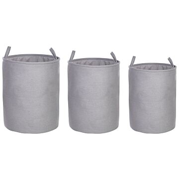 Set Of 3 Storage Basket Grey Polyester Cotton With Drawstring Cover Laundry Bin Practical Accessories Beliani