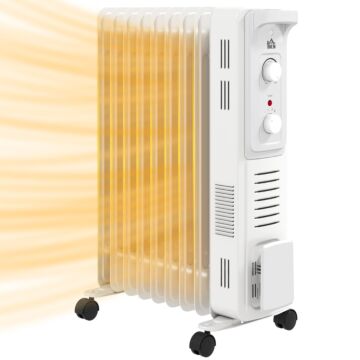 Homcom 2000w Oil Filled Radiator, 9 Fin Energy Efficient Portable Electric Heater With 3 Heat Settings, Adjustable Thermostat, Safety Tip Over, Overheat Protection, For Home, White