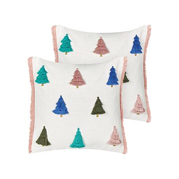 Set Of 2 Scatter Cushions Multicolour Cotton 45 X 45 Cm Christmas Motif Christmas Tree Print Accessories Festive Decor Beliani