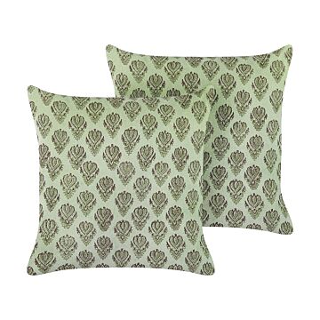 Set Of 2 Decorative Cushions Green Velvet And Cotton 45 X 45 Cm Floral Pattern Block Printed Boho Decor Accessories Beliani
