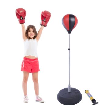 Homcom Kids Pu Freestanding Boxing Punch Bag W/ Gloves Black/red