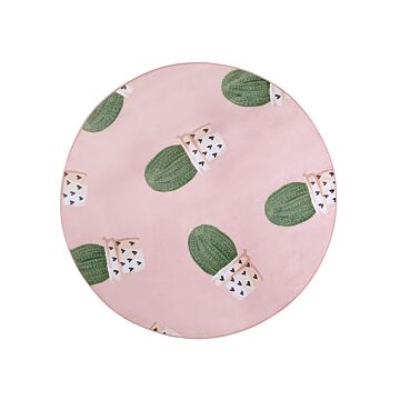 Round Rug Pink And Green Printed Cactus Ø 120 Low Pile For Children Beliani