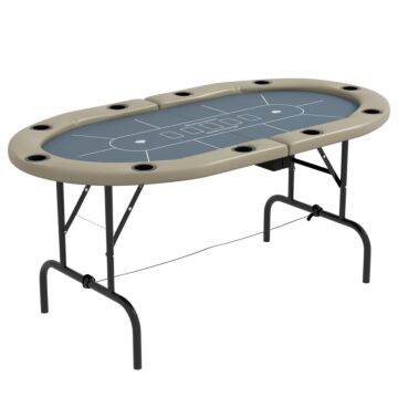 Sportnow 10 Player Folding Poker Table, Oval Portable Blackjack Casino Table With Cup Holders And Felt Top, 178 X 89 X 70cm, Brown And Blue