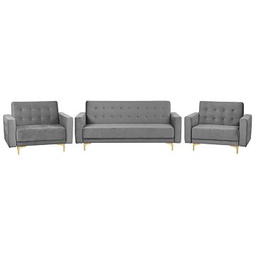Living Room Set Grey Velvet Tufted Fabric 3 Seater Sofa Bed 2 Reclining Armchairs Modern 3-piece Suite Beliani
