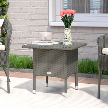 Outsunny Rattan Side Table, Outdoor Coffee Table With Plastic Board Under The Full Woven Table Top For Patio, Garden, Balcony, Grey