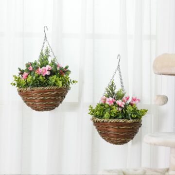 Outsunny Set Of 2 Artificial Plant Lisianthus Flowers Hanging Planter With Basket For Indoor Outdoor Decoration