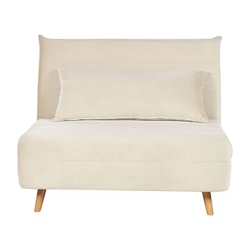 Small Sofa Bed Cream Velvet Fabric Wooden Legs 1 Seater Fold-out Sleeper Armless With Cushion Scandinavian Modern Design Beliani