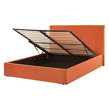 Ottoman Bed Orange Velvet Upholstery Eu Double Size Tufted Headboard Storage Function Beliani