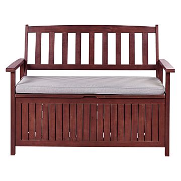 Garden Bench With Storage Mahogany Grey Solid Acacia Wood White Cushion 120 X 60 Cm 2 Seater Outdoor Patio Rustic Traditional Style Beliani