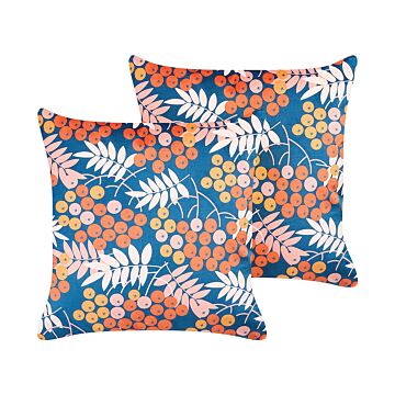 Set Of 2 Decorative Cushions Multicolour Velvet 45 X 45 Cm With Plant Motif Modern Traditional Living Room Bedroom Beliani