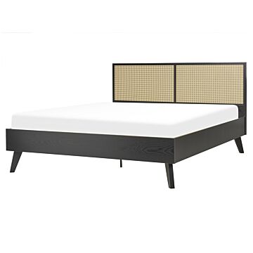 Panel Bed Black Rattan Particle Board Eu King Size 5ft3 Slatted Frame Bed Base Braided Headboard Modern Boho Beliani