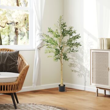 Homcom 5ft/ 150cm Decorative Artificial Plant, Silk Olive Tree With 720 Leaves And 32 Olive Fruits In Pot, Fake Plant For Home, Office, Living Room, Indoor Decor