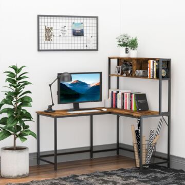 Homcom Industrial L-shaped Work Desk & Storage Shelf Steel Frame Adjustable Feet Corner Workstation Home Office Study Stylish Brown Black