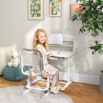 Zonekiz Height Adjustable Kids Study Table And Chair Set, With Drawer, Storage Shelf, 80 X 54.5 X 104 Cm, Grey