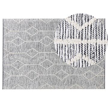 Rug Grey With Beige Wool Cotton Blend 140 X 200 Cm Modern Geometric Hand Woven Flat Weave Beliani