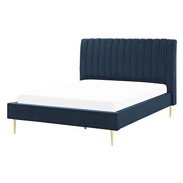 Eu Double Size Panel Bed 4ft6 Blue Velvet Slatted Base High Headrest Vintage Beliani