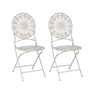 Set Of 2 Garden Bistro Chairs White Iron Foldable Outdoor Distressed Effect Uv Rust Resistance French Retro Style Beliani