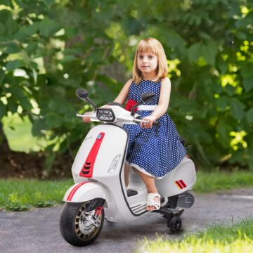 Aiyaplay 12v Vespa Licensed Kids Electric Motorbike W/ Music, Headlights, Fm Radio, For 3-6 Years - White
