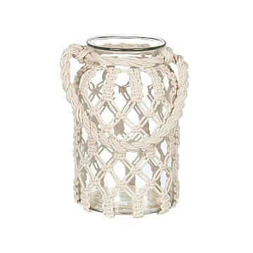 Lantern Off-white Glass 31x20cm Macrame Rope Handle Jar Single Candle Boho Beliani