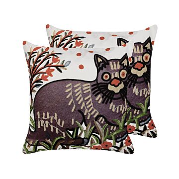 Set Of 2 Scatter Cushions Multicolour Cotton Wool 50 X 50 Cm Cat Motif Handmade Embroidered Removable Cover With Filling Boho Style Beliani