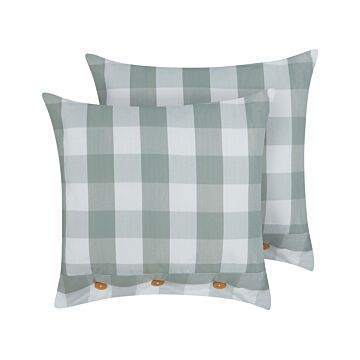 Set Of 2 Scatter Cushions Mint Green Fabric 45 X 45 Cm Checked Pattern Cottage Style Textile Beliani