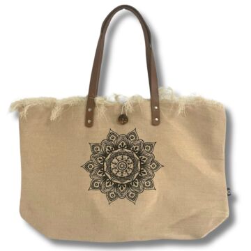 Natural Tote Bag Leather Handle - Flower Of Life