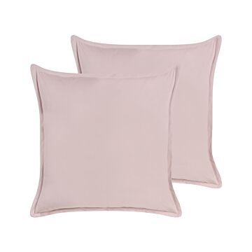 Set Of 2 Decorative Scatter Cushions Pink Velvet 60 X 60 Cm Polyester Cotton Plain Solid Colour Accent Piece Modern Minimalist Beliani