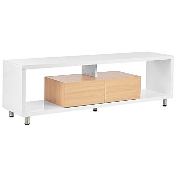 Tv Stand White And Light Wood Mdf High Gloss Cabinet Open Shelves 2 Drawers Minimalistic Beliani