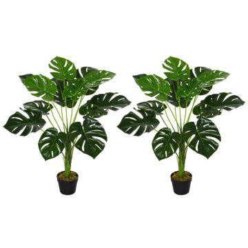 Homcom 2 Pack Decorative Artificial Monstera Plants In Pot Fake Plants For Home Indoor Outdoor Decor, 85cm, Green