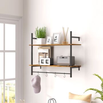 Homcom Wall Mounted Floating Shelves With 4 Hooks, Rustic Wall Shelf Unit For Living Room, Entryway, Rustic Brown