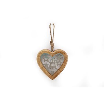 Small Wood Hanging Heart With Metal Reindeer & Stars