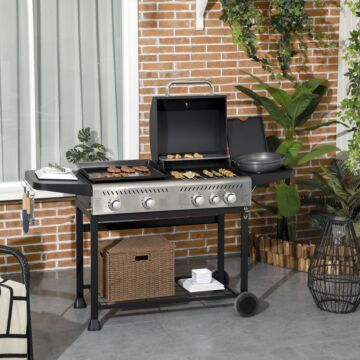 Outsunny 15 Kw Gas Bbq Grill And Plancha With Side Burner, Black