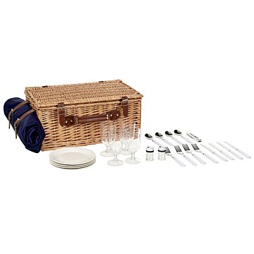 4 Person Picnic Hamper Natural And Grey Wicker With Cutlery Set Plates Wine Glasses And Cool Bag With Corkscrew Blanket Included Washed Finish Beliani