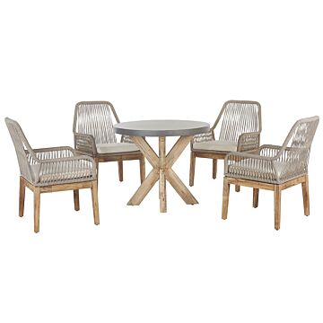 Outdoor Dining Set Grey Light Wood Fibre Cement For 4 People Round Table With Beige Chairs Modern Design Beliani