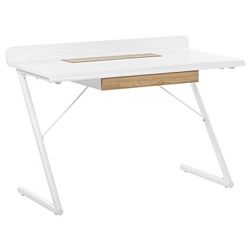 Home Office Desk White And Light Wood Mdf 120 X 60 Cm With 1 Drawer Metal Legs Scandinavian Design Beliani