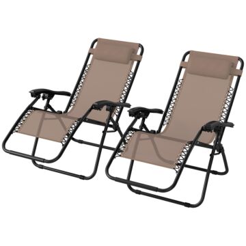Outsunny Zero Gravity Chair Set Of 2, Metal Frame Texteline Armchair Outdoor Folding And Reclining Sun Lounger With Head Pillow For Patio Decking Gardens Camping, Beige