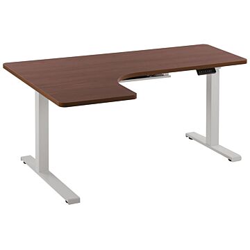 Left Corner Desk Dark Wood Tabletop 160 X 110 Cm Electric Height Adjustable White Steel Frame Sit And Stand Modern Design Beliani