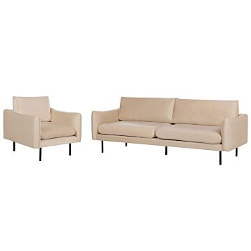 Living Room Set Beige Velvet Fabric Black Legs Corner Sofa 3 Seater Armchair Modern Retro Style Beliani