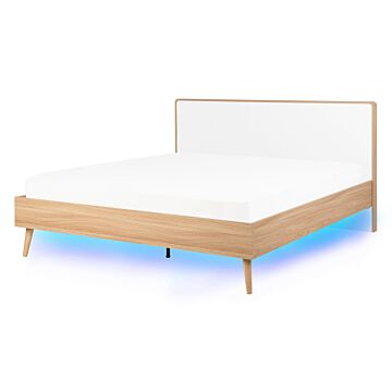 Slatted Bed Frame Light Manufactured Wood And White Headboard Led Illumination 4ft6 Eu Double Size Scandinavian Design Beliani