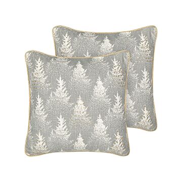 Set Of 2 Scatter Cushions Grey 45 X 45 Cm Christmas Tree Pattern Cotton Removable Covers Living Room Bedroom Beliani